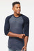 Tultex 245 Mens Fine Jersey Raglan 3/4 Sleeve Crewneck T-Shirt Heather Denim Blue/Navy Blue Model Front
