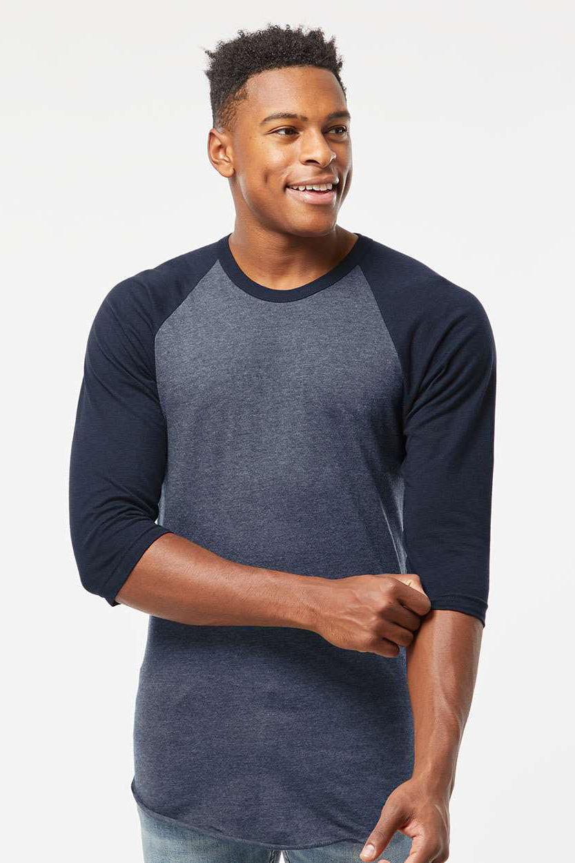 Tultex 245 Mens Fine Jersey Raglan 3/4 Sleeve Crewneck T-Shirt Heather Denim Blue/Navy Blue Model Front