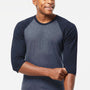 Tultex Mens Fine Jersey Raglan 3/4 Sleeve Crewneck T-Shirt - Heather Denim Blue/Navy Blue
