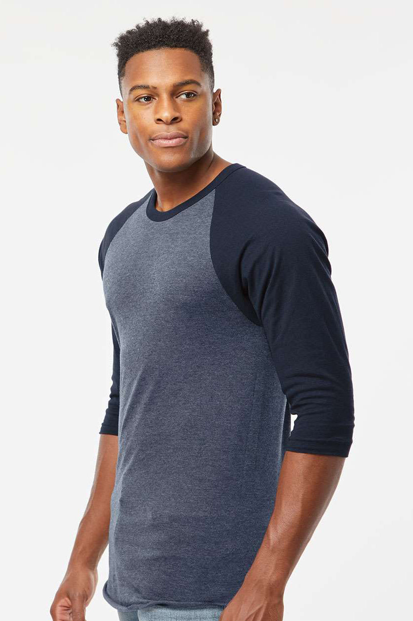 Tultex 245 Mens Fine Jersey Raglan 3/4 Sleeve Crewneck T-Shirt Heather Denim Blue/Navy Blue Model Side