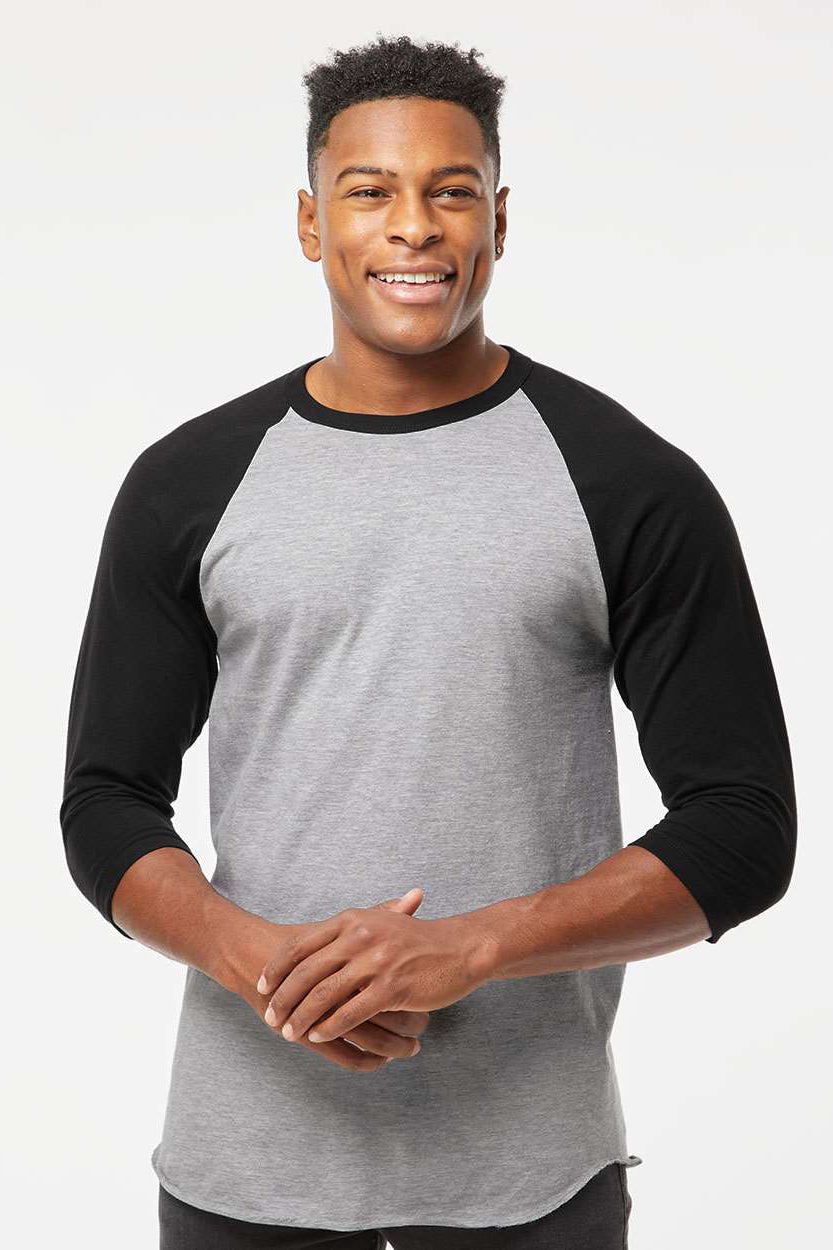 Tultex 245 Mens Fine Jersey Raglan 3/4 Sleeve Crewneck T-Shirt Heather Grey/Black Model Front