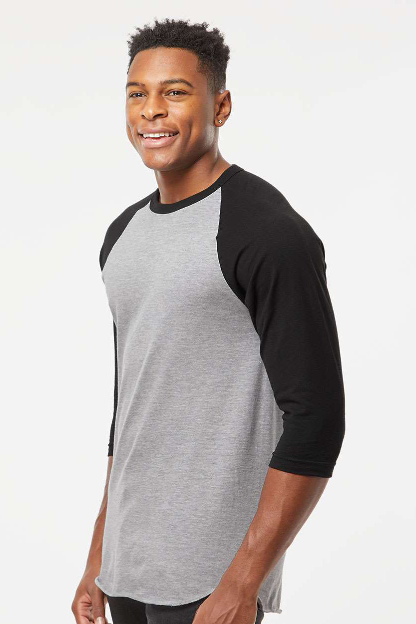 Tultex 245 Mens Fine Jersey Raglan 3/4 Sleeve Crewneck T-Shirt Heather Grey/Black Model Side