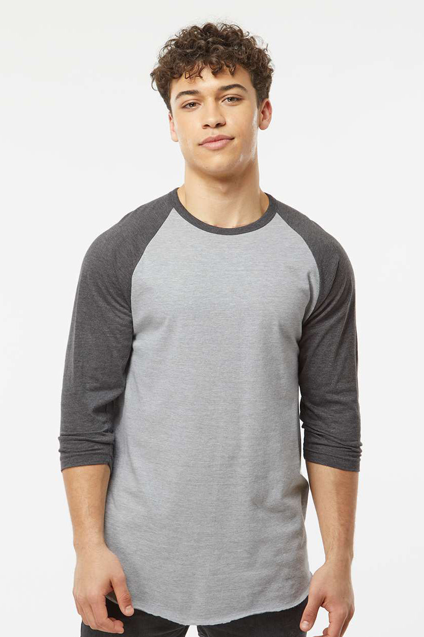 Tultex 245 Mens Fine Jersey Raglan 3/4 Sleeve Crewneck T-Shirt Heather Grey/Heather Charcoal Grey Model Front