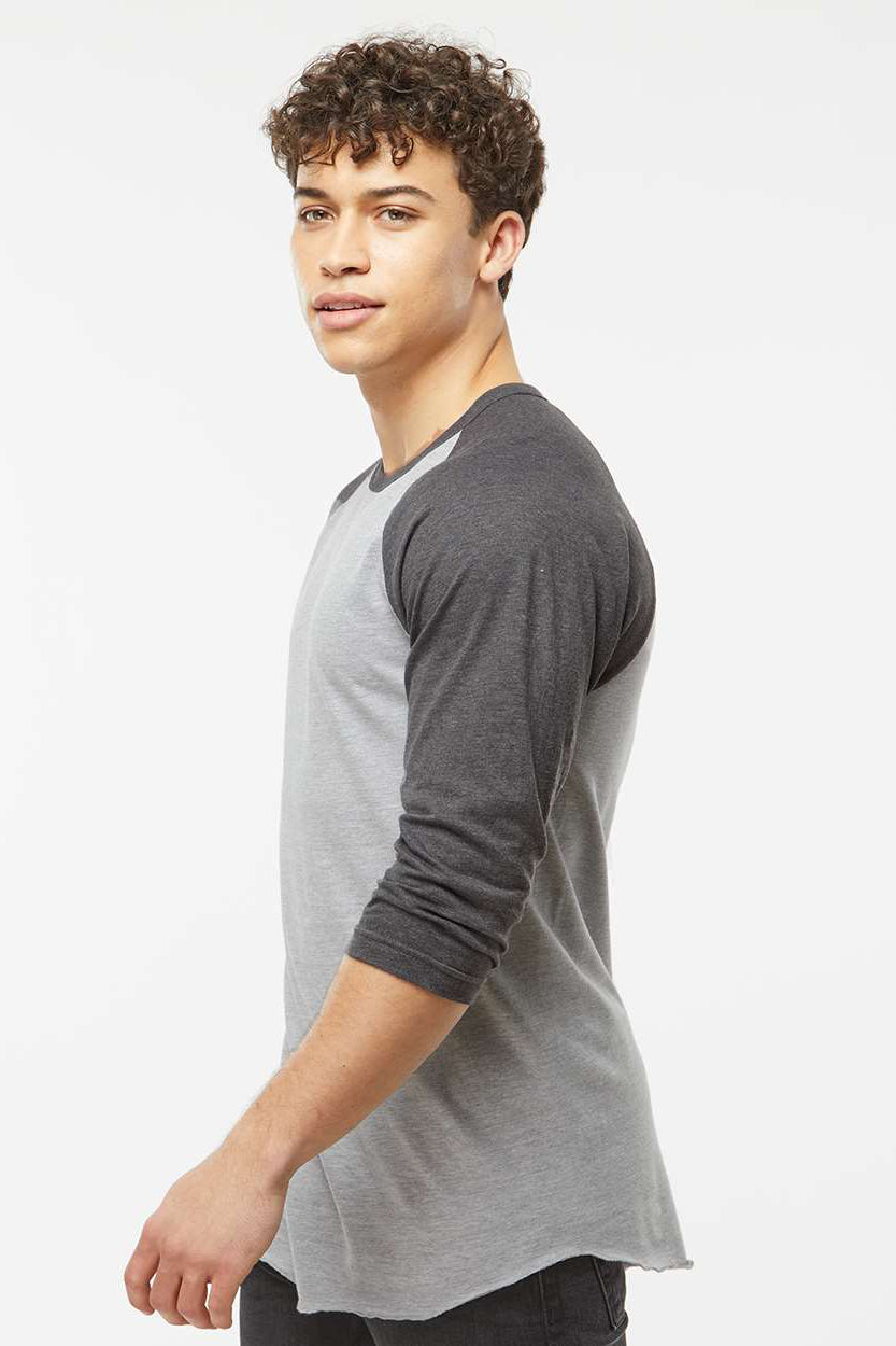 Tultex 245 Mens Fine Jersey Raglan 3/4 Sleeve Crewneck T-Shirt Heather Grey/Heather Charcoal Grey Model Side