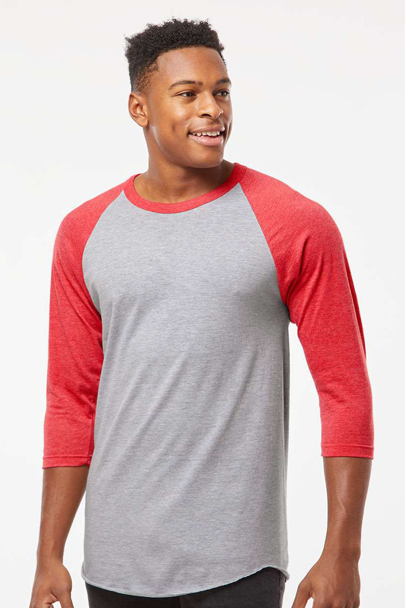 Tultex 245 Mens Fine Jersey Raglan 3/4 Sleeve Crewneck T-Shirt Heather Grey/Heather Red Model Front