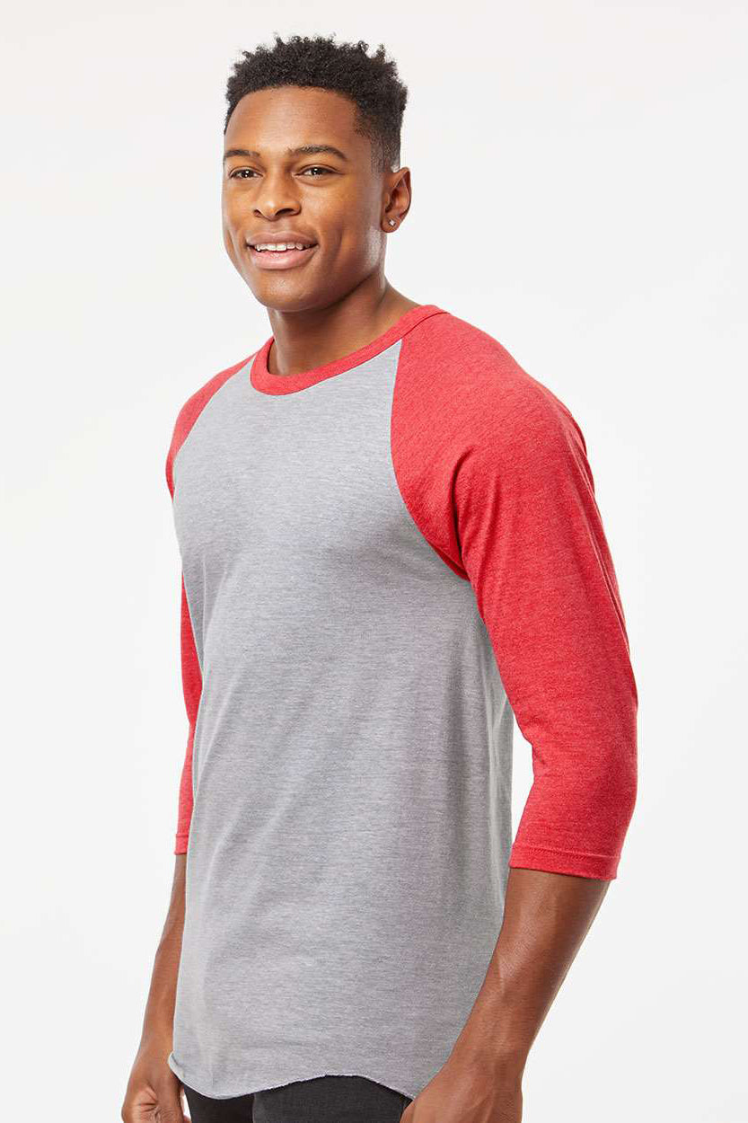 Tultex 245 Mens Fine Jersey Raglan 3/4 Sleeve Crewneck T-Shirt Heather Grey/Heather Red Model Side