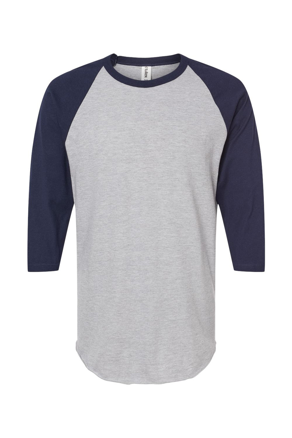 Tultex 245 Mens Fine Jersey Raglan 3/4 Sleeve Crewneck T-Shirt Heather Grey/Navy Blue Flat Front
