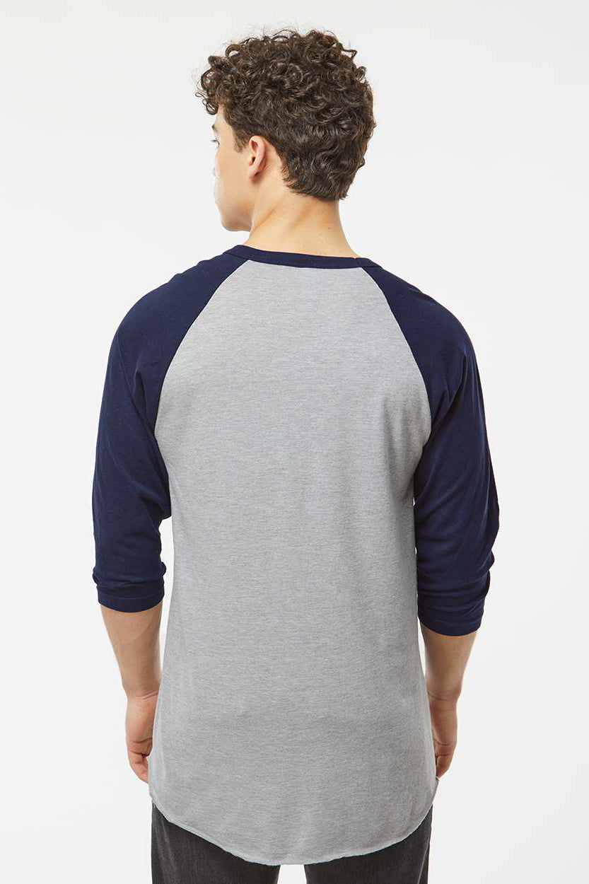 Tultex 245 Mens Fine Jersey Raglan 3/4 Sleeve Crewneck T-Shirt Heather Grey/Navy Blue Model Back