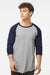 Tultex 245 Mens Fine Jersey Raglan 3/4 Sleeve Crewneck T-Shirt Heather Grey/Navy Blue Model Front