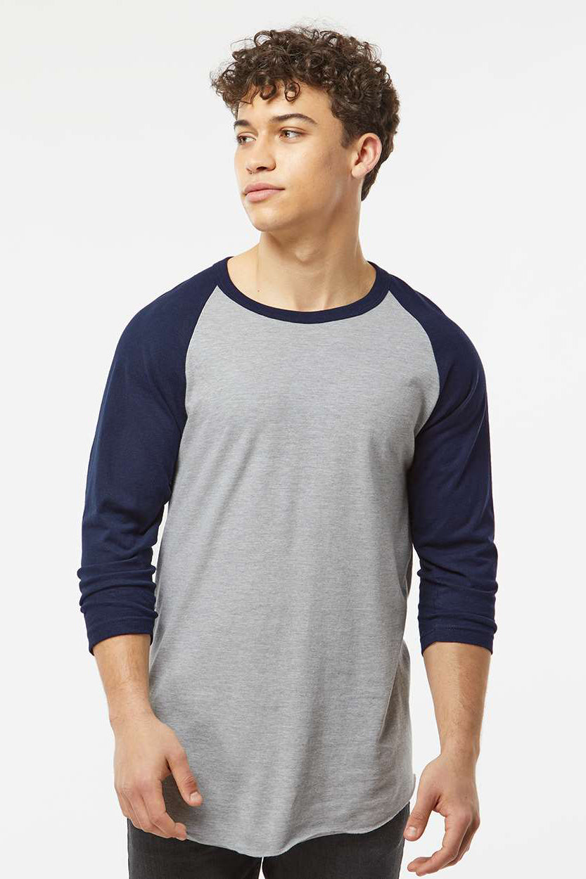 Tultex 245 Mens Fine Jersey Raglan 3/4 Sleeve Crewneck T-Shirt Heather Grey/Navy Blue Model Front
