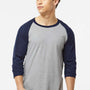 Tultex Mens Fine Jersey Raglan 3/4 Sleeve Crewneck T-Shirt - Heather Grey/Navy Blue