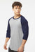 Tultex 245 Mens Fine Jersey Raglan 3/4 Sleeve Crewneck T-Shirt Heather Grey/Navy Blue Model Side