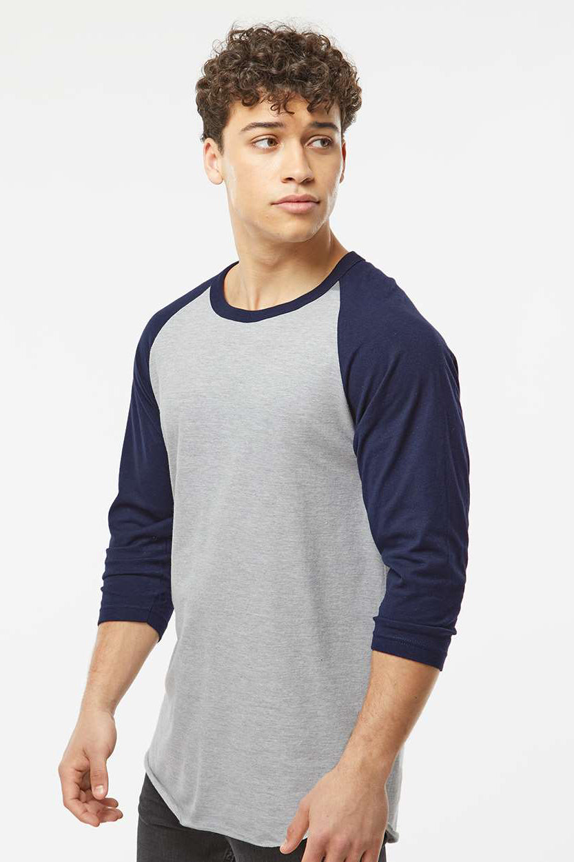 Tultex 245 Mens Fine Jersey Raglan 3/4 Sleeve Crewneck T-Shirt Heather Grey/Navy Blue Model Side