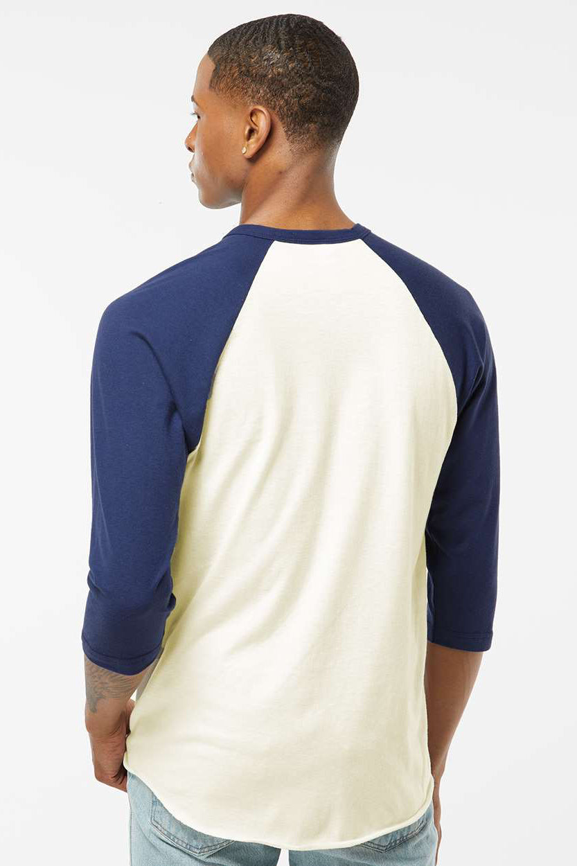 Tultex 245 Mens Fine Jersey Raglan 3/4 Sleeve Crewneck T-Shirt Vintage White/Inked India Blue Model Back