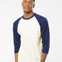 Tultex Mens Fine Jersey Raglan 3/4 Sleeve Crewneck T-Shirt - Vintage White/Inked India Blue - NEW