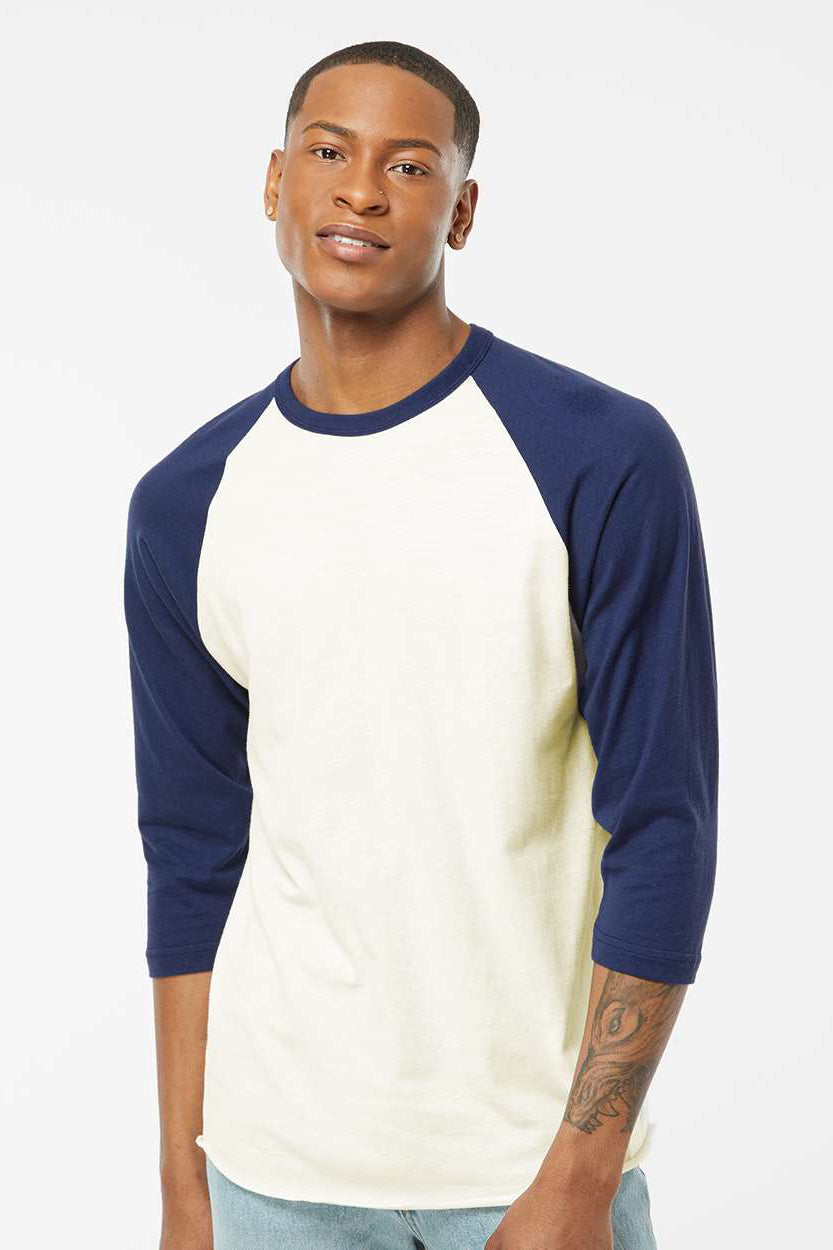Tultex 245 Mens Fine Jersey Raglan 3/4 Sleeve Crewneck T-Shirt Vintage White/Inked India Blue Model Front