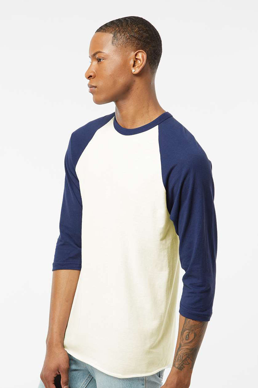 Tultex 245 Mens Fine Jersey Raglan 3/4 Sleeve Crewneck T-Shirt Vintage White/Inked India Blue Model Side