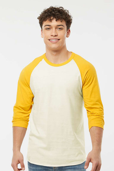 Tultex 245 Mens Fine Jersey Raglan 3/4 Sleeve Crewneck T-Shirt Vintage White/Mellow Yellow Model Front