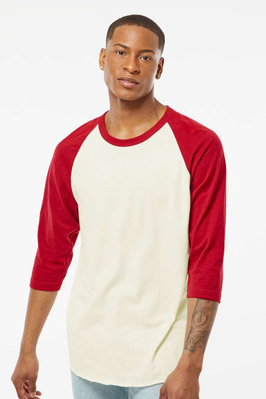 Tultex 245 Mens Fine Jersey Raglan 3/4 Sleeve Crewneck T-Shirt Vintage White/Rio Red Model Front