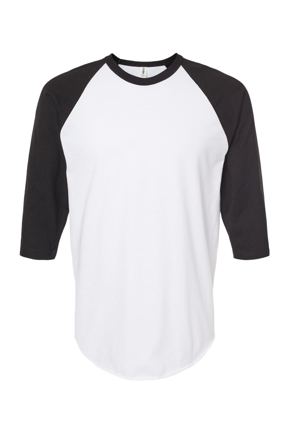 Tultex 245 Mens Fine Jersey Raglan 3/4 Sleeve Crewneck T-Shirt White/Black Flat Front