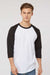 Tultex 245 Mens Fine Jersey Raglan 3/4 Sleeve Crewneck T-Shirt White/Black Model Front