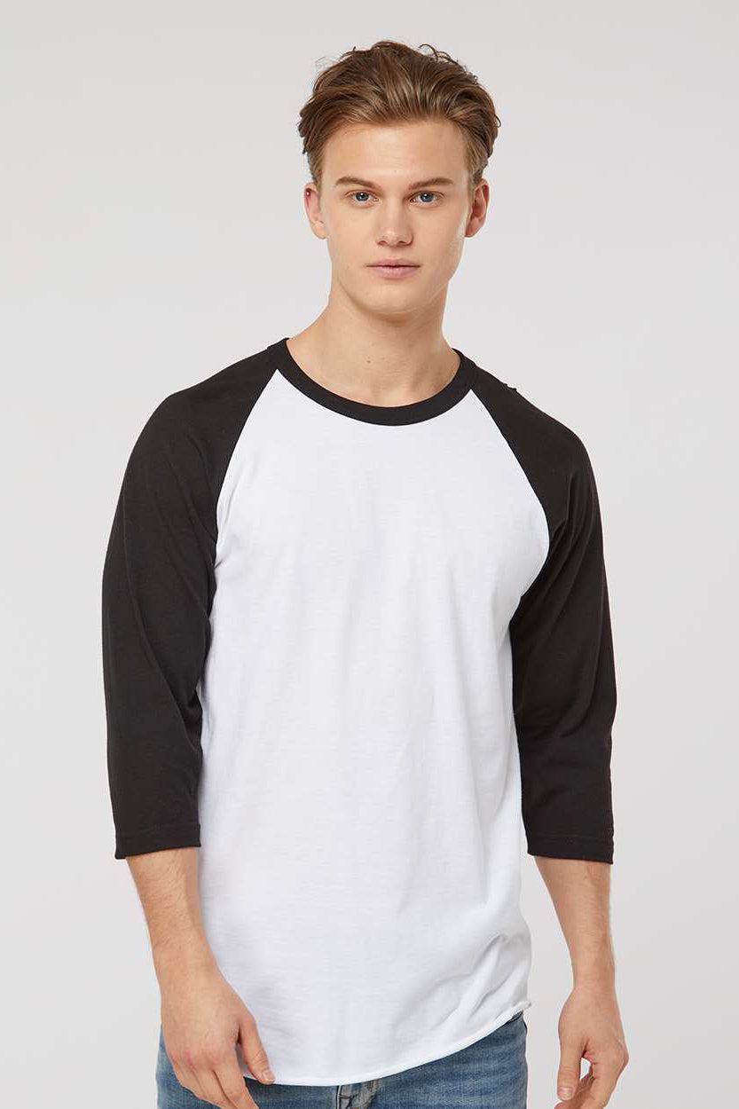 Tultex 245 Mens Fine Jersey Raglan 3/4 Sleeve Crewneck T-Shirt White/Black Model Front
