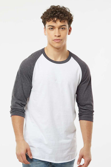 Tultex 245 Mens Fine Jersey Raglan 3/4 Sleeve Crewneck T-Shirt White/Heather Charcoal Grey Model Front