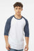 Tultex 245 Mens Fine Jersey Raglan 3/4 Sleeve Crewneck T-Shirt White/Heather Denim Blue Model Front