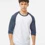 Tultex Mens Fine Jersey Raglan 3/4 Sleeve Crewneck T-Shirt - White/Heather Denim Blue - NEW