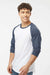 Tultex 245 Mens Fine Jersey Raglan 3/4 Sleeve Crewneck T-Shirt White/Heather Denim Blue Model Side