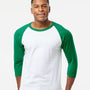 Tultex Mens Fine Jersey Raglan 3/4 Sleeve Crewneck T-Shirt - White/Kelly Green - NEW