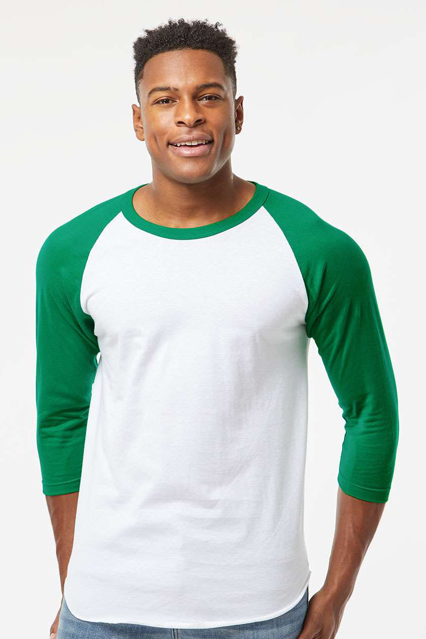 Tultex 245 Mens Fine Jersey Raglan 3/4 Sleeve Crewneck T-Shirt White/Kelly Green Model Front
