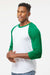 Tultex 245 Mens Fine Jersey Raglan 3/4 Sleeve Crewneck T-Shirt White/Kelly Green Model Side