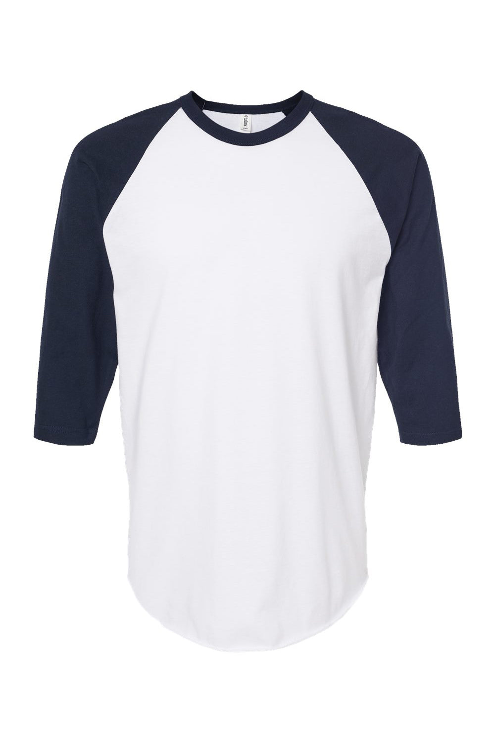 Tultex 245 Mens Fine Jersey Raglan 3/4 Sleeve Crewneck T-Shirt White/Navy Blue Flat Front