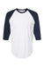 Tultex 245 Mens Fine Jersey Raglan 3/4 Sleeve Crewneck T-Shirt White/Navy Blue Flat Front