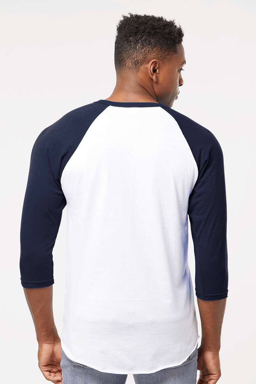 Tultex 245 Mens Fine Jersey Raglan 3/4 Sleeve Crewneck T-Shirt White/Navy Blue Model Back