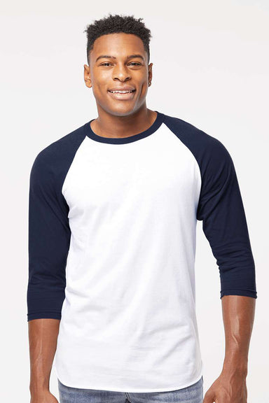 Tultex 245 Mens Fine Jersey Raglan 3/4 Sleeve Crewneck T-Shirt White/Navy Blue Model Front