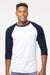 Tultex 245 Mens Fine Jersey Raglan 3/4 Sleeve Crewneck T-Shirt White/Navy Blue Model Front