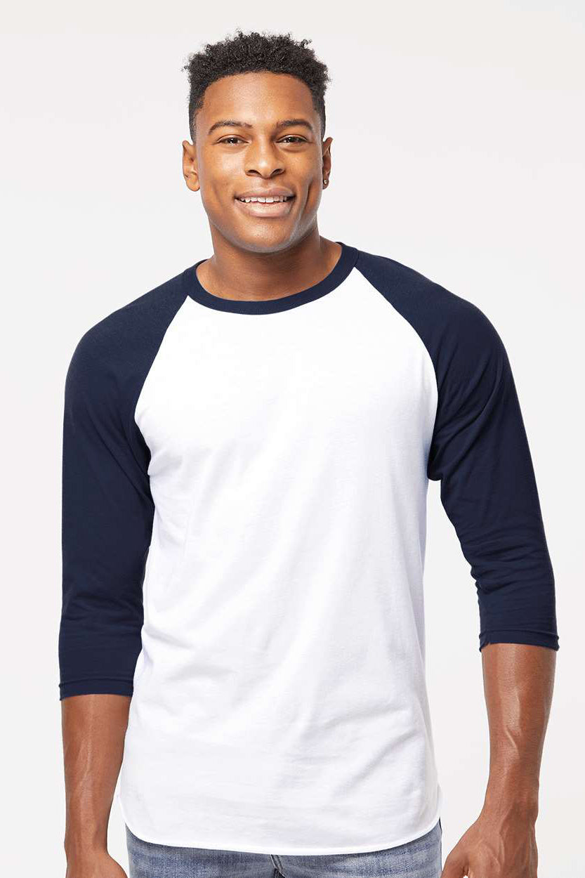 Tultex 245 Mens Fine Jersey Raglan 3/4 Sleeve Crewneck T-Shirt White/Navy Blue Model Front