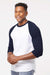 Tultex 245 Mens Fine Jersey Raglan 3/4 Sleeve Crewneck T-Shirt White/Navy Blue Model Side