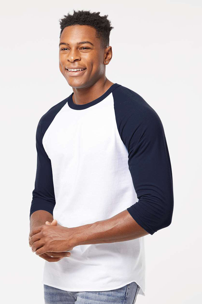 Tultex 245 Mens Fine Jersey Raglan 3/4 Sleeve Crewneck T-Shirt White/Navy Blue Model Side