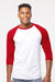 Tultex 245 Mens Fine Jersey Raglan 3/4 Sleeve Crewneck T-Shirt White/Red Model Front