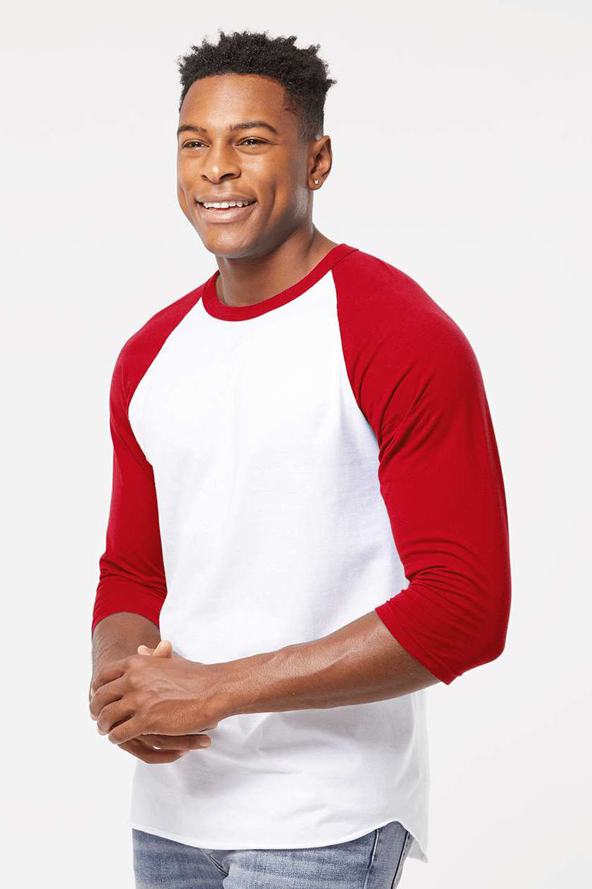 Tultex 245 Mens Fine Jersey Raglan 3/4 Sleeve Crewneck T-Shirt White/Red Model Side