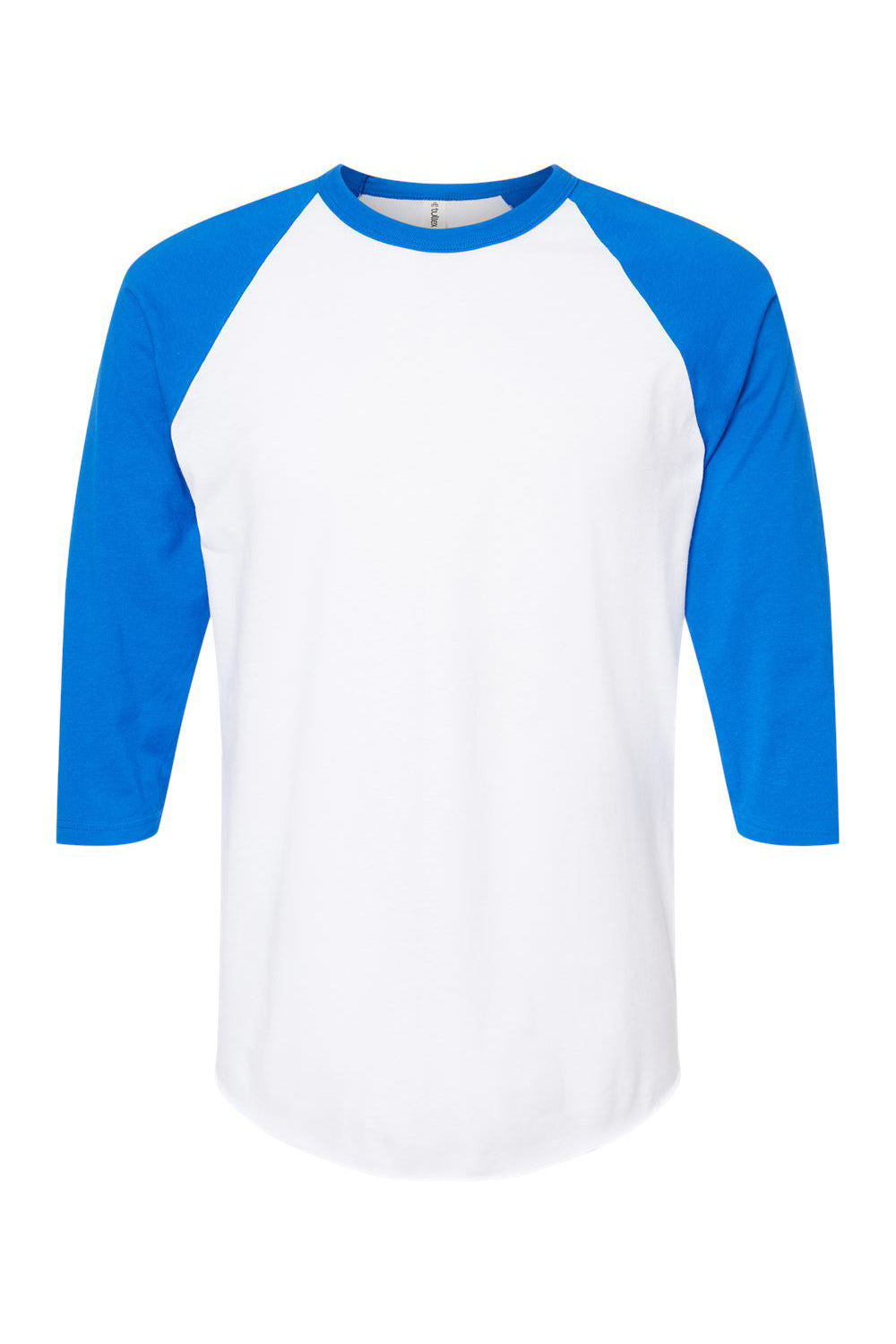 Tultex 245 Mens Fine Jersey Raglan 3/4 Sleeve Crewneck T-Shirt White/Royal Blue Flat Front