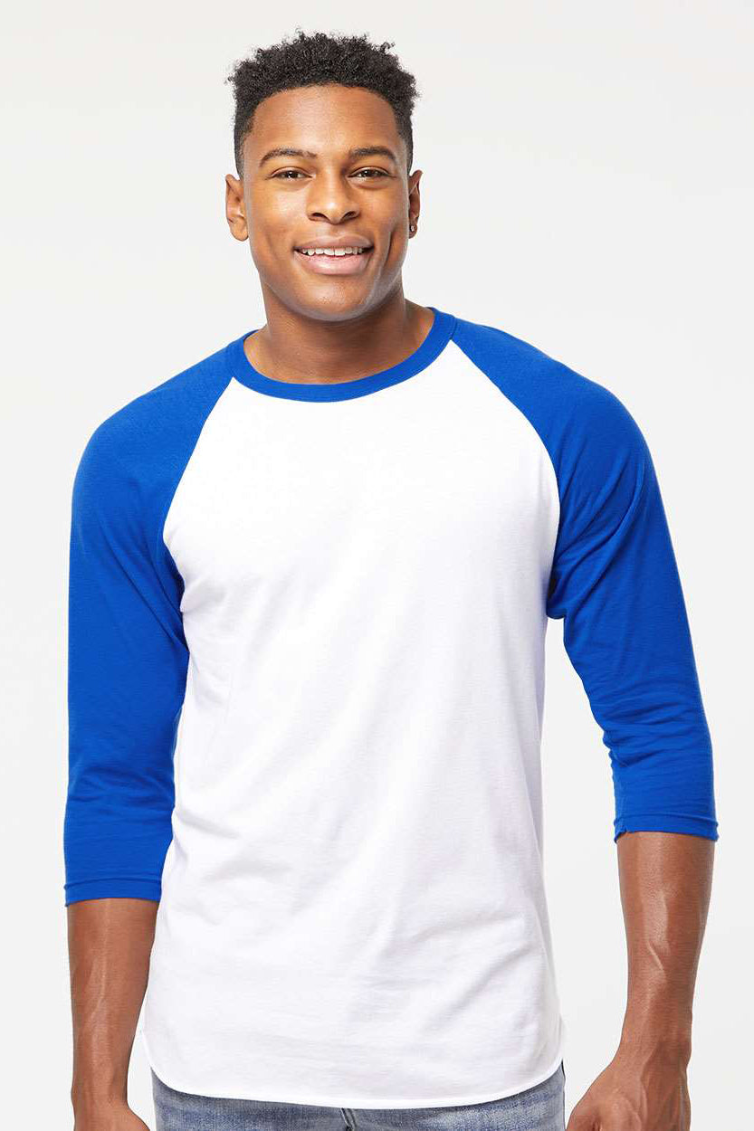 Tultex 245 Mens Fine Jersey Raglan 3/4 Sleeve Crewneck T-Shirt White/Royal Blue Model Front
