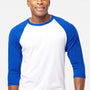 Tultex Mens Fine Jersey Raglan 3/4 Sleeve Crewneck T-Shirt - White/Royal Blue