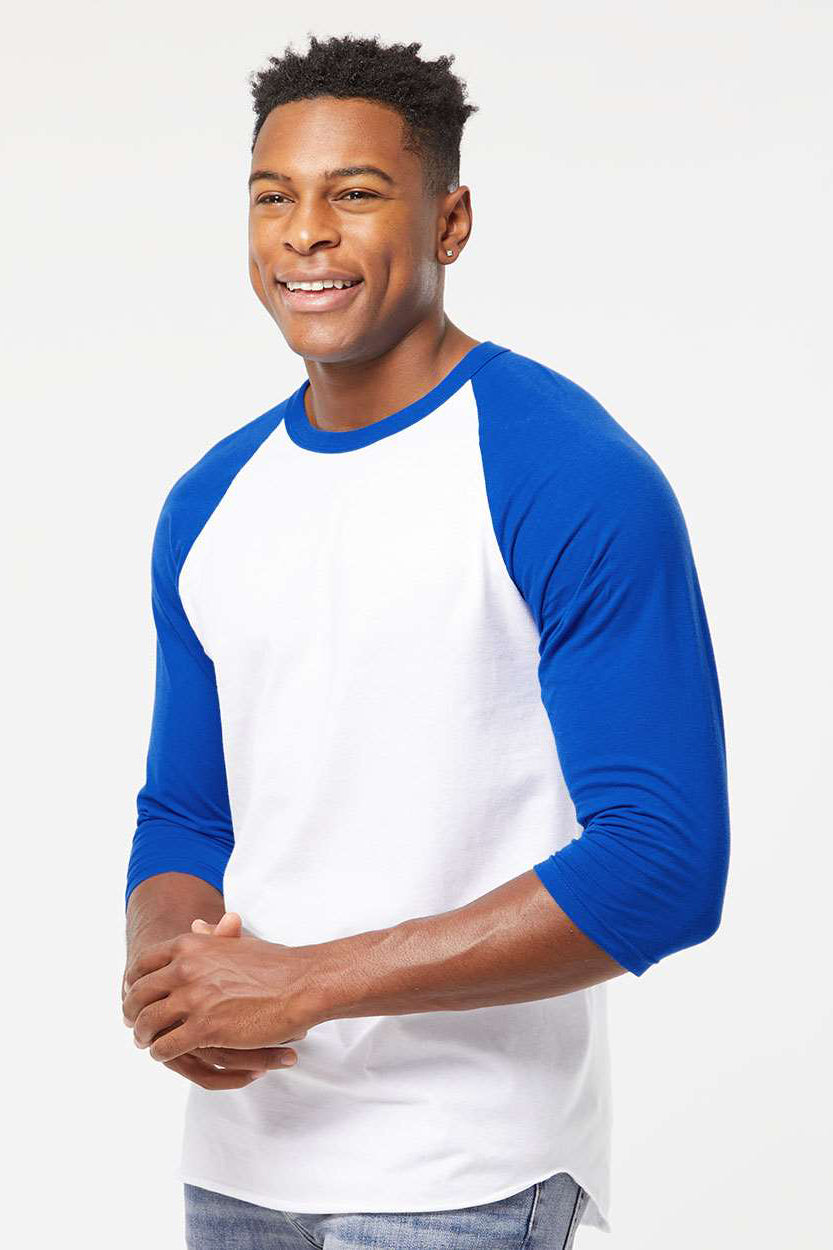 Tultex 245 Mens Fine Jersey Raglan 3/4 Sleeve Crewneck T-Shirt White/Royal Blue Model Side