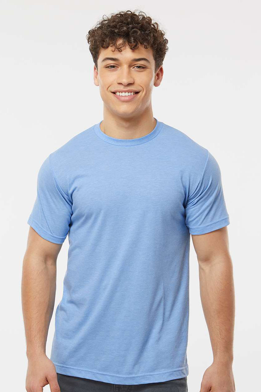 Tultex 241 Mens Poly-Rich Short Sleeve Crewneck T-Shirt Heather Athletic Blue Model Front