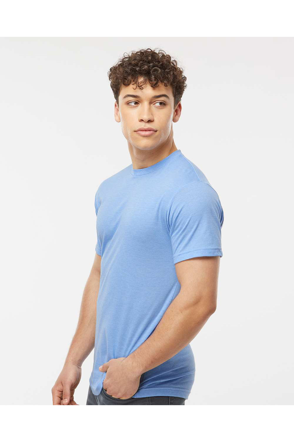 Tultex 241 Mens Poly-Rich Short Sleeve Crewneck T-Shirt Heather Athletic Blue Model Side