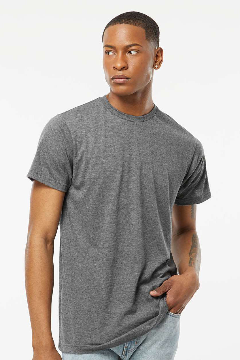 Tultex 241 Mens Poly-Rich Short Sleeve Crewneck T-Shirt Heather Charcoal Grey Model Front